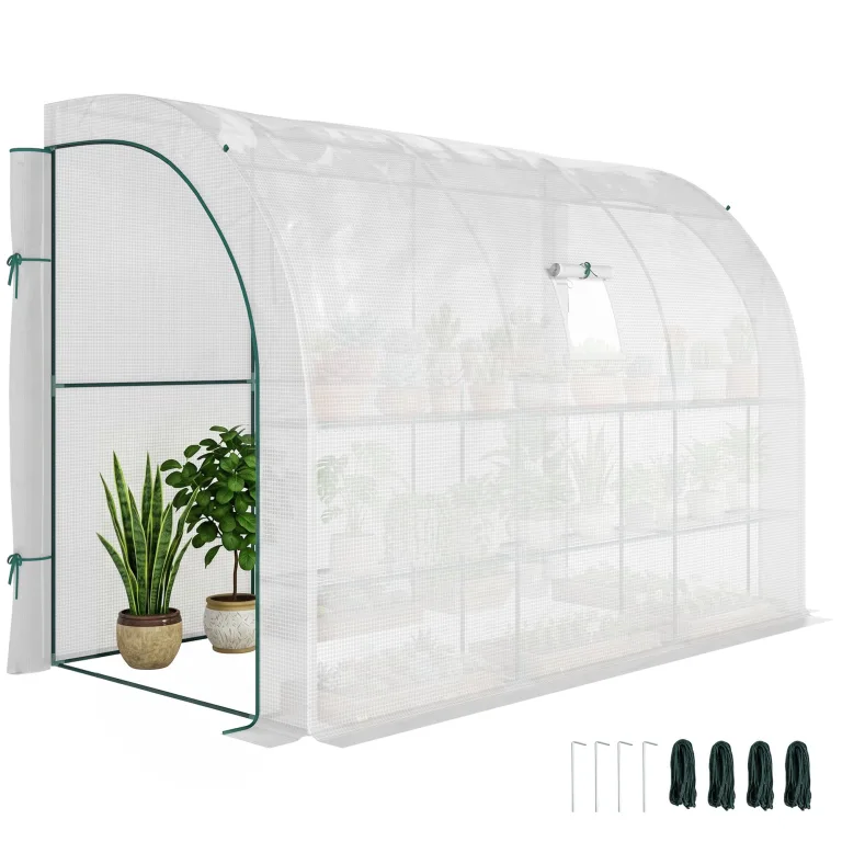 Outsunny Gewächshaus mit Regale Fenster, winterfest Foliengewächshaus aus Stahl, wandmontiert Treibhaus für Balkon, Garten, Tomatenhaus 300x150x213cm Tomatengewächshaus für Gemüse Blumen Pflanzen Weiß – Bild 1
