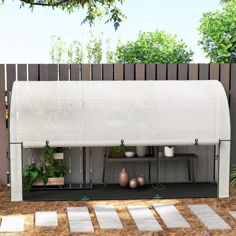 Outsunny Gewächshaus mit Rolltür, Winterfest Foliengewächshaus aus Stahl, Treibhaus für Balkon, Garten, Tomatenhaus mit UV Schutz 300x80x157cm Tomatengewächshaus für Gemüse Blumen Pflanzen Weiß – Bild 9