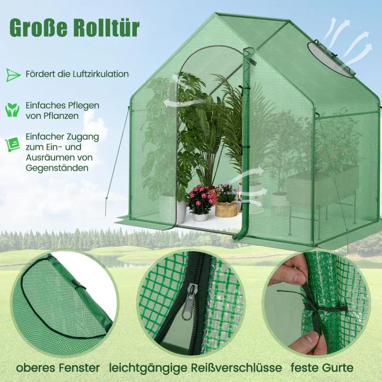 GOPLUS Gewächshaus Winterfest, begehbares Foliengewächshaus mit PE-Abdeckung & Metallrahmen, Tomatengewächshaus mit Rolltür & Fenster, Treibhaus für Blumen, Gemüse & Setzlinge, 179 x 100 x 167 cm – Bild 3