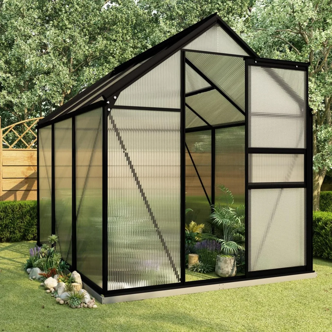 Begehbares Gewächshaus aus Polycarbonat mit Aluminium Fundamentrahmen für Garten 190x190x202cm 3,61m² Grow House mit Fundament Bodenbefestigung für Pflanzen und Gartenhaus - Bild 1