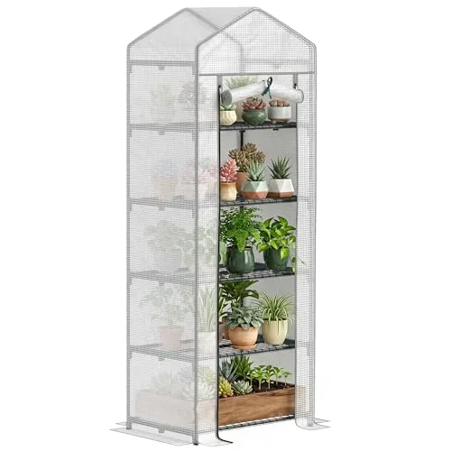 Outsunny Mini-Gewächshaus mit 5 Ebenen, tragbares Gewächshaus mit verstärkter PE-Abdeckung, Garten-Gewächshaus mit aufrollbarer Tür und Regalen, 69 x 49 x 193 cm, Weiß/Grau – Bild 10