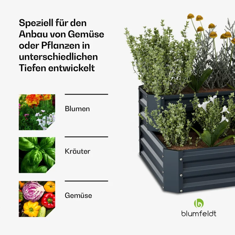 blumfeldt Hochbeet 120x90, 2 Ebenen, Wetterfest & Korrosionsbeständig, Galvanisierter Stahl Für Gemüse & Kräuter, Offene Bodenstruktur, Einfache Montage, Anthrazit – Bild 4