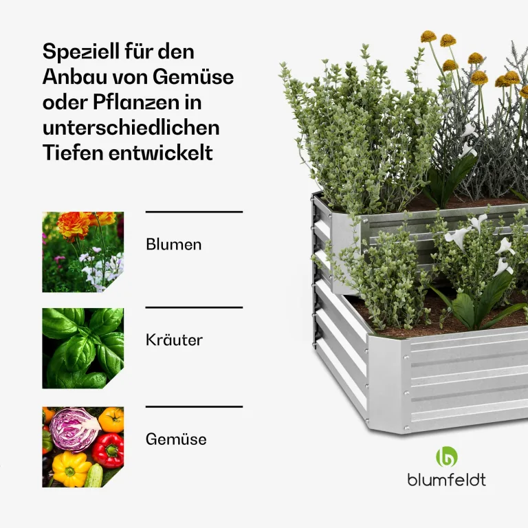blumfeldt Hochbeet 120x90, 2 Ebenen, Wetterfest & Korrosionsbeständig, Galvanisierter Stahl Für Gemüse & Kräuter, Offene Bodenstruktur, Einfache Montage, Silber – Bild 4