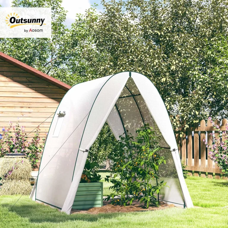 Outsunny Gewächshaus mit Rolltür, 2 Fernster, winterfest Foliengewächshaus aus Stahl, Treibhaus für Balkon, Garten, Tomatenhaus 180 x 180 x 200 cm, Tomatengewächshaus für Tomaten, Gemüse, Blumen, Weiß – Bild 3