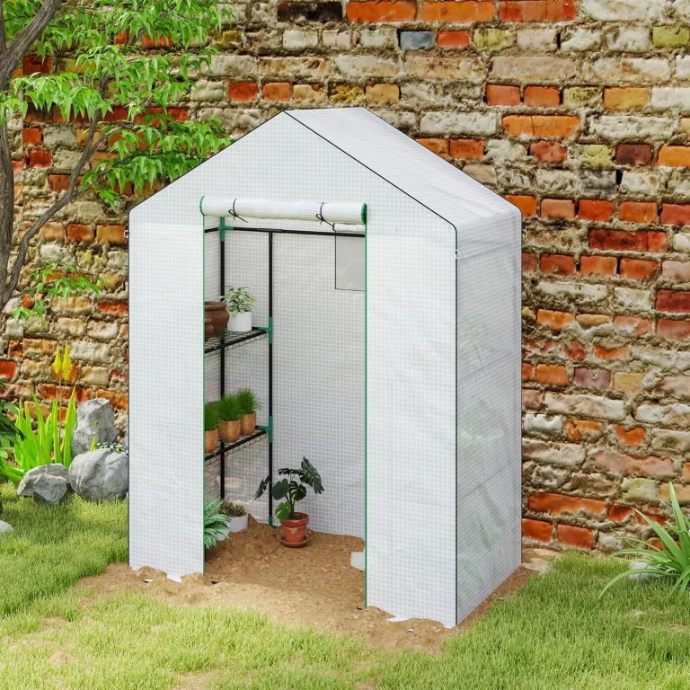 Outsunny Gewächshaus mit Rolltür, Fenster, Regale, Winterfest Foliengewächshaus aus Stahl, Treibhaus für Balkon, Garten, Tomatenhaus 143 x 74 x 190 cm, Tomatengewächshaus für Tomaten, Gemüse, Weiß – Bild 8