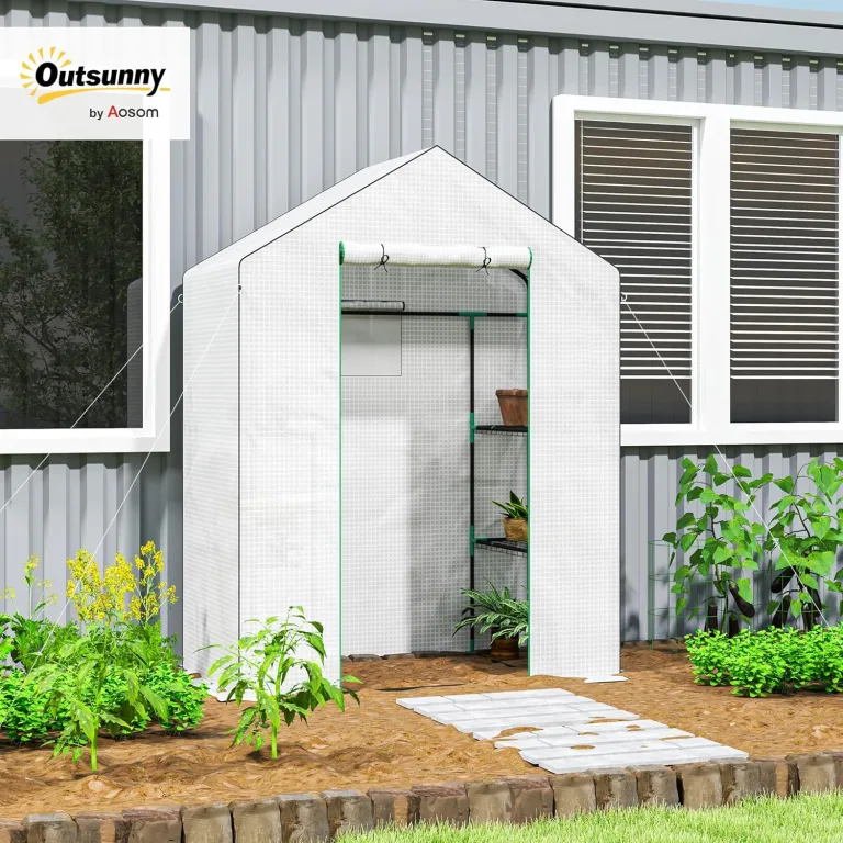 Outsunny Gewächshaus mit Rolltür, Fenster, Regale, Winterfest Foliengewächshaus aus Stahl, Treibhaus für Balkon, Garten, Tomatenhaus 143 x 74 x 190 cm, Tomatengewächshaus für Tomaten, Gemüse, Weiß – Bild 2