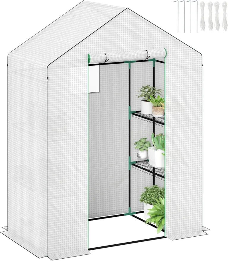Outsunny Gewächshaus mit Rolltür, Fenster, Regale, Winterfest Foliengewächshaus aus Stahl, Treibhaus für Balkon, Garten, Tomatenhaus 143 x 74 x 190 cm, Tomatengewächshaus für Tomaten, Gemüse, Weiß – Bild 1
