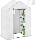Outsunny Gewächshaus mit Rolltür, Fenster, Regale, Winterfest Foliengewächshaus aus Stahl, Treibhaus für Balkon, Garten, Tomatenhaus 143 x 74 x 190 cm, Tomatengewächshaus für Tomaten, Gemüse, Weiß - Thumbnail 1