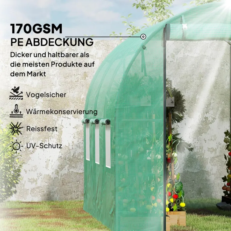 Outsunny Gewächshaus 200x300x200cm Foliengewächshaus Tomatenhaus mit Tür, 6 Fenster, Folientunnel aus verzinktem Stahl, 170g/m² PE, stabiles pflanztunnel, Treibhaus inkl. Erdanker & Seilen, Grün – Bild 3