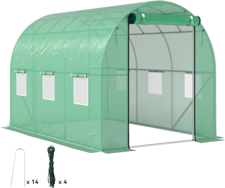 Outsunny Gewächshaus 200x300x200cm Foliengewächshaus Tomatenhaus mit Tür, 6 Fenster, Folientunnel aus verzinktem Stahl, 170g/m² PE, stabiles pflanztunnel, Treibhaus inkl. Erdanker & Seilen, Grün – Bild 1