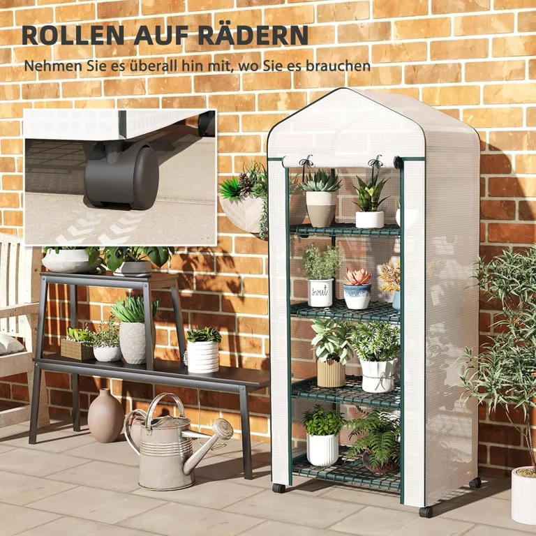 Outsunny Gewächshaus mit Rolle, Regale, Winterfest Foliengewächshaus aus Stahl, Treibhaus für Balkon, Garten, Tomatenhaus 69 x 50 x 165 cm, Tomatengewächshaus für Tomaten, Blumen, Pflanzen Weiß – Bild 5