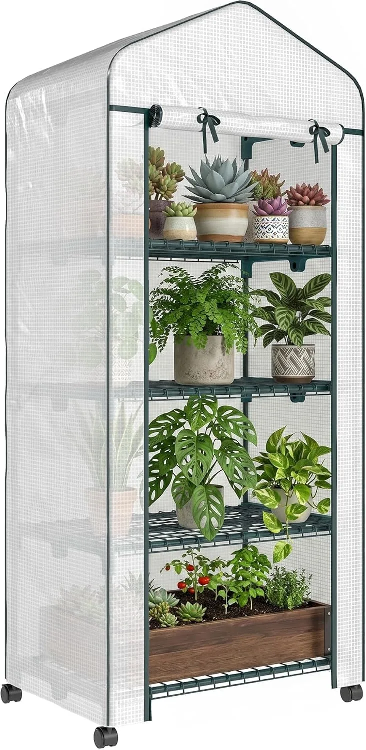 Outsunny Gewächshaus mit Rolle, Regale, Winterfest Foliengewächshaus aus Stahl, Treibhaus für Balkon, Garten, Tomatenhaus 69 x 50 x 165 cm, Tomatengewächshaus für Tomaten, Blumen, Pflanzen Weiß – Bild 1