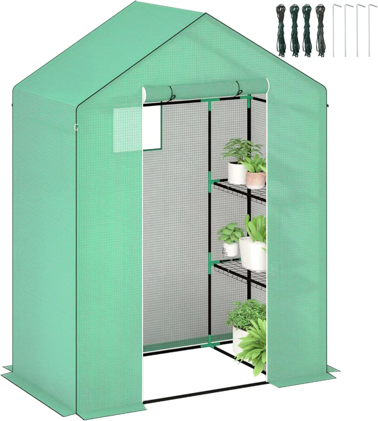 Outsunny Gewächshaus mit Rolltür, Fenster, Regale, Winterfest Foliengewächshaus aus Stahl, Treibhaus für Balkon, Garten, Tomatenhaus 143 x 74 x 190 cm, Tomatengewächshaus für Tomaten, Gemüse, Grün – Bild 1