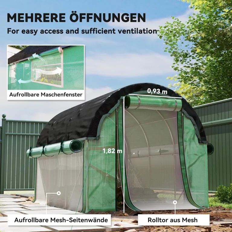Outsunny Gewächshaus 3 x 2 x 2 m Foliengewächshaus mit 6 Fenster, Rolltüren, Aufrollbar Seitenwänden, UV-beständiger Folientunnel, Winterfest Tomatenhaus mit Erdanker, Grün – Bild 4