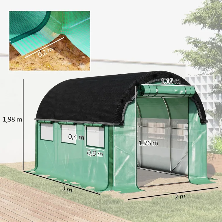 Outsunny Gewächshaus 3 x 2 x 2 m Foliengewächshaus mit 6 Fenster, Rolltüren, Aufrollbar Seitenwänden, UV-beständiger Folientunnel, Winterfest Tomatenhaus mit Erdanker, Grün – Bild 7