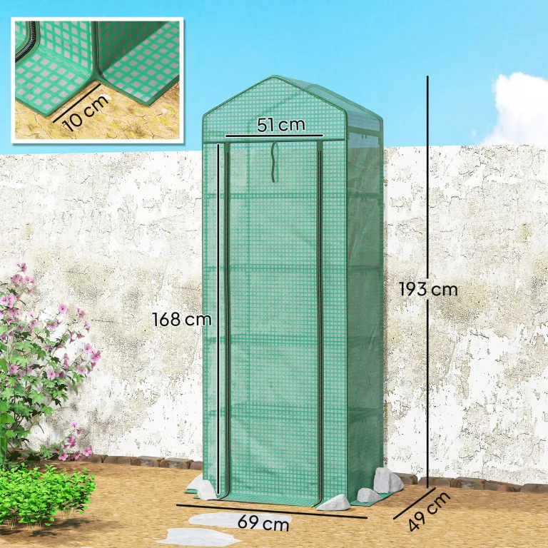 Outsunny Gewächshaus mit Rolltür, Regale, Winterfest Foliengewächshaus aus Stahl, Treibhaus für Balkon, Garten, Tomatenhaus 69 x 49 x 193 cm, Tomatengewächshaus für Tomaten, Blumen, Grün – Bild 7
