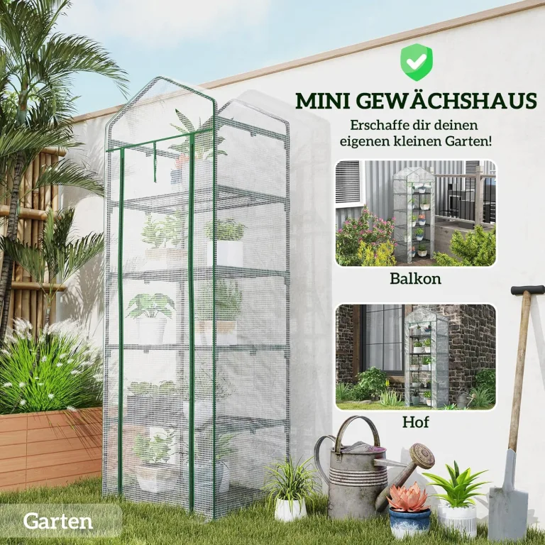 Outsunny Gewächshaus mit Rolltür, Regale, Winterfest Foliengewächshaus aus Stahl, Treibhaus für Balkon, Garten, Tomatenhaus 69 x 49 x 193 cm, Tomatengewächshaus für Tomaten, Blumen, Weiß – Bild 5