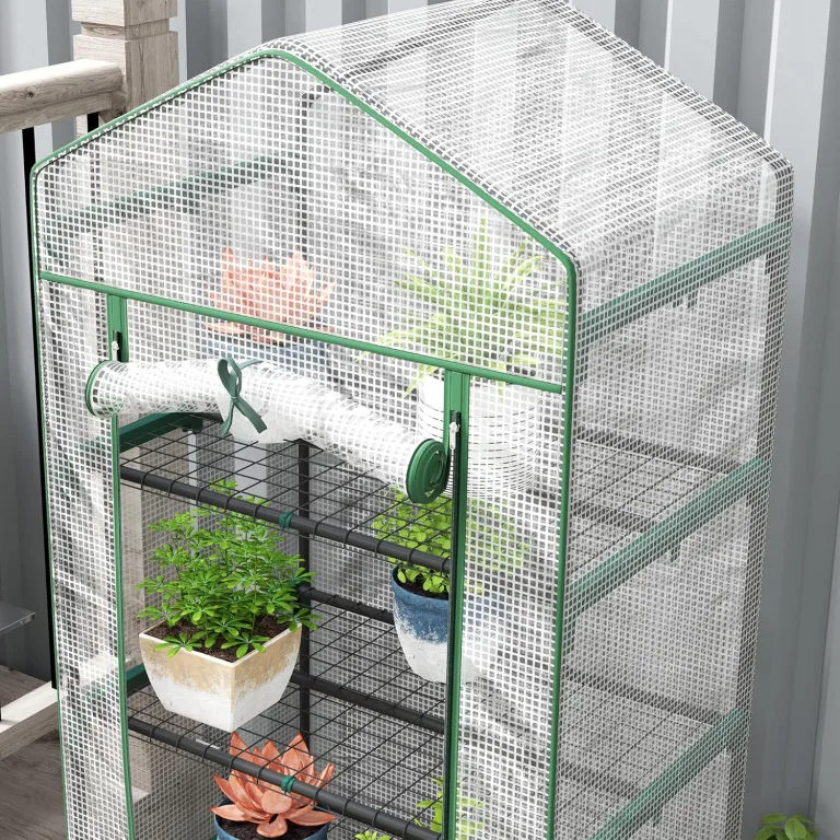 Outsunny Gewächshaus mit Rolltür, Regale, Winterfest Foliengewächshaus aus Stahl, Treibhaus für Balkon, Garten, Tomatenhaus 69 x 49 x 193 cm, Tomatengewächshaus für Tomaten, Blumen, Weiß – Bild 6