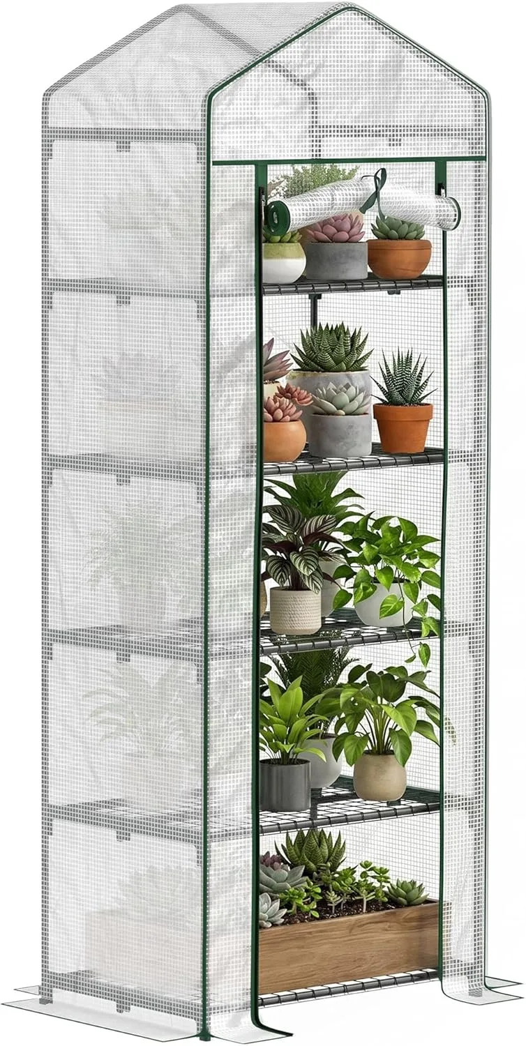 Outsunny Gewächshaus mit Rolltür, Regale, Winterfest Foliengewächshaus aus Stahl, Treibhaus für Balkon, Garten, Tomatenhaus 69 x 49 x 193 cm, Tomatengewächshaus für Tomaten, Blumen, Weiß – Bild 1