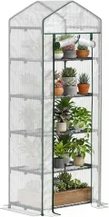 Outsunny Gewächshaus mit Rolltür, Regale, Winterfest Foliengewächshaus aus Stahl, Treibhaus für Balkon, Garten, Tomatenhaus 69 x 49 x 193 cm, Tomatengewächshaus für Tomaten, Blumen, Weiß - Thumbnail 1