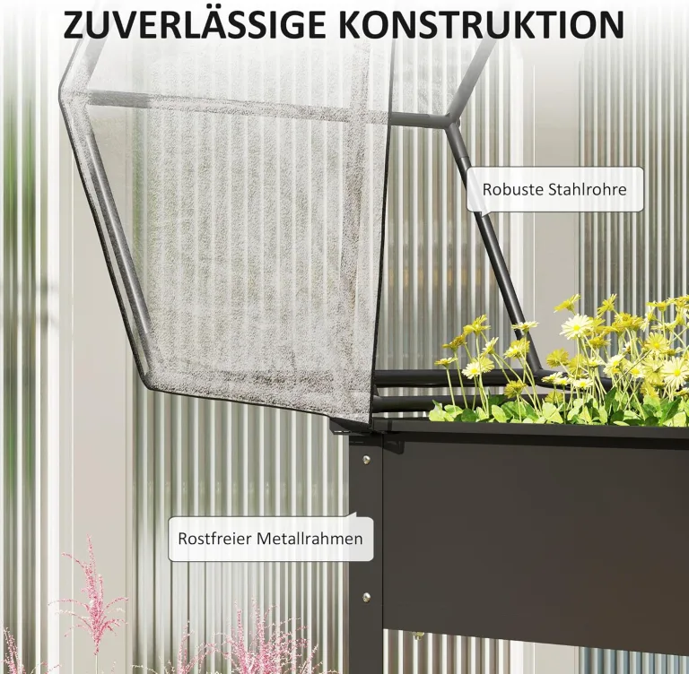 Outsunny Hochbeet mit Abdeckung, erhöhtes Kräuterbeet mit Ablauflöchern, Pflanzkasten aus Metall, wetterbeständig Gemüsebeet, Gartenbeet, Pflanzbeet für Garten, Balkon, 60 x 60 x 120 cm, Schwarz – Bild 6