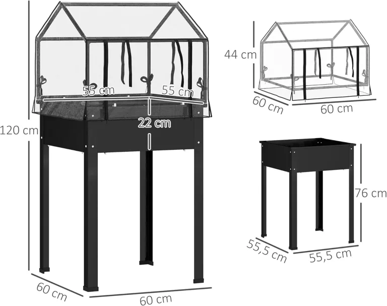 Outsunny Hochbeet mit Abdeckung, erhöhtes Kräuterbeet mit Ablauflöchern, Pflanzkasten aus Metall, wetterbeständig Gemüsebeet, Gartenbeet, Pflanzbeet für Garten, Balkon, 60 x 60 x 120 cm, Schwarz – Bild 7