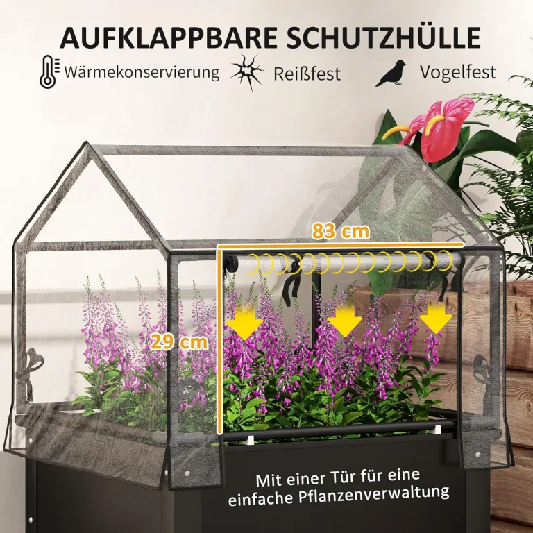 Outsunny Hochbeet mit Abdeckung, erhöhtes Kräuterbeet mit Ablauflöchern, Pflanzkasten aus Metall, wetterbeständig Gemüsebeet, Gartenbeet, Pflanzbeet für Garten, Balkon, 60 x 60 x 120 cm, Schwarz – Bild 3