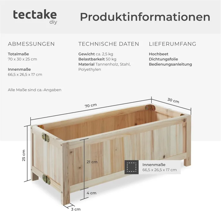 tectake® Hochbeet Holz, Hochbeete-Kit für Balkon, Terrasse, Hochbeet Garten, Pflanzkasten, Kräuterbeet, Frühbeet, Gemüsebeet, Pflanzenbeet, zur Anzucht, als Blumenkasten - 30l, 70 x 30 x 25 cm – Bild 6