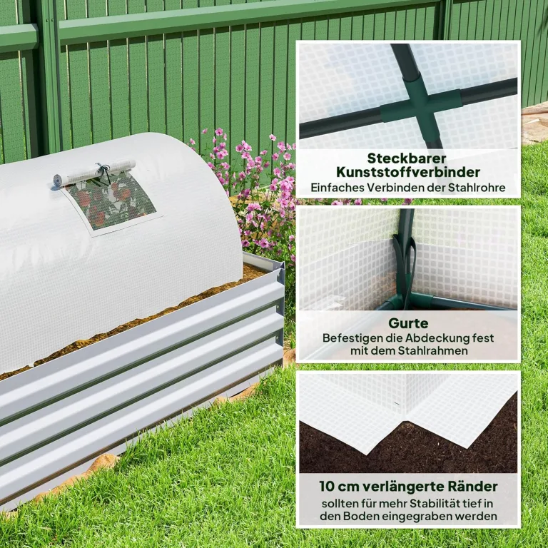 Outsunny Gewächshaus mit Rollfenster Runddach, Winterfest Foliengewächshaus aus Stahl wasserabweisend Treibhaus für Balkon Tomatenhaus mit UV Schutz 300x80x45cm Tomatengewächshaus für Gemüse, Weiß – Bild 5