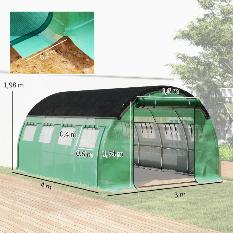 Outsunny Gewächshaus 4 x 3 x 2 m Foliengewächshaus mit 8 Fenster, Rolltüren, Aufrollbar Seitenwänden, UV-beständiger Folientunnel, Winterfest Tomatenhaus mit Erdanker, Grün – Bild 7