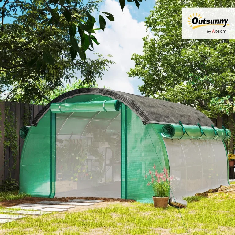 Outsunny Gewächshaus 4 x 3 x 2 m Foliengewächshaus mit 8 Fenster, Rolltüren, Aufrollbar Seitenwänden, UV-beständiger Folientunnel, Winterfest Tomatenhaus mit Erdanker, Grün – Bild 2