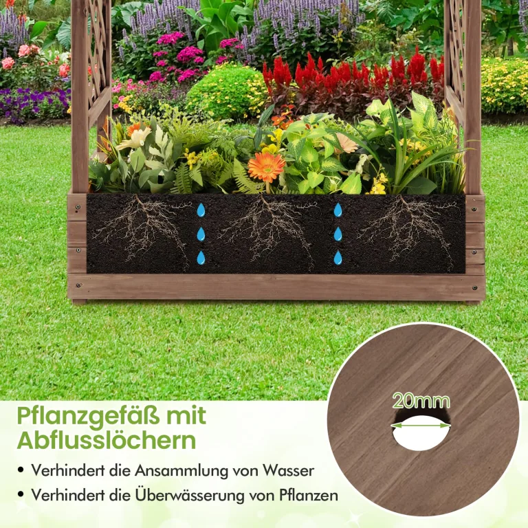 COSTWAY Blumenkasten mit Rankgitter & hängendem Dach, Pflanzkasten mit Rankhilfe, Hochbeet für Kletterpflanzen & hängende Körbe, für Garten Hof Terrasse, Pflanzkübel Holz, ‎110x44x113,5cm, Braun – Bild 5