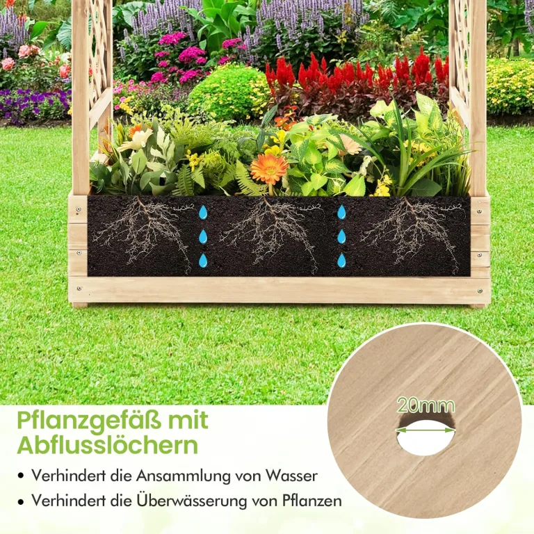 COSTWAY Hochbeet mit Rankgitter & hängendem Dach, Pflanzkasten mit Rankhilfe, Blumenkasten für Kletterpflanzen & hängende Körbe, für Garten Hof Terrasse, Pflanzgefäß aus Holz, Natur – Bild 5