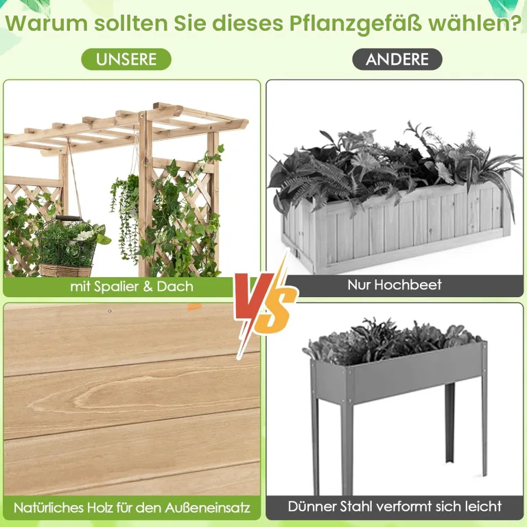 COSTWAY Hochbeet mit Rankgitter & hängendem Dach, Pflanzkasten mit Rankhilfe, Blumenkasten für Kletterpflanzen & hängende Körbe, für Garten Hof Terrasse, Pflanzgefäß aus Holz, Natur – Bild 7
