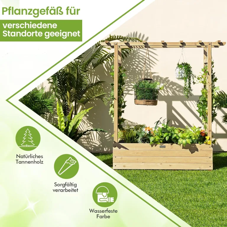 COSTWAY Hochbeet mit Rankgitter & hängendem Dach, Pflanzkasten mit Rankhilfe, Blumenkasten für Kletterpflanzen & hängende Körbe, für Garten Hof Terrasse, Pflanzgefäß aus Holz, Natur – Bild 2