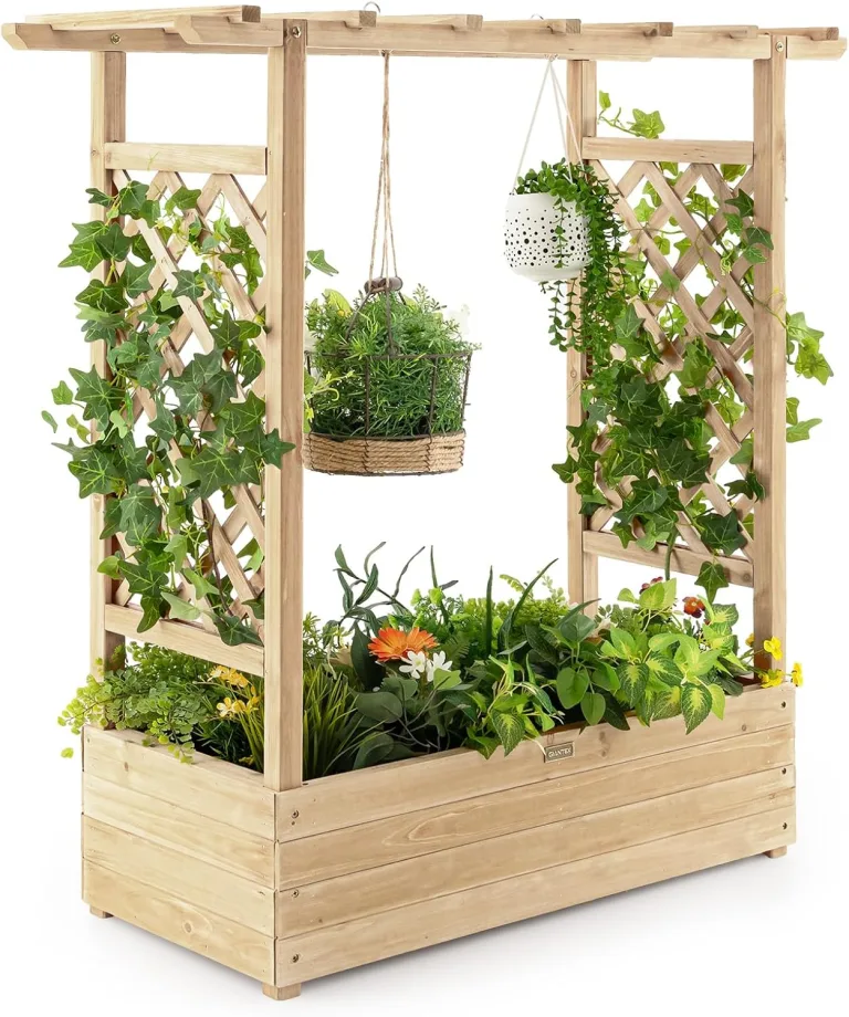 COSTWAY Hochbeet mit Rankgitter & hängendem Dach, Pflanzkasten mit Rankhilfe, Blumenkasten für Kletterpflanzen & hängende Körbe, für Garten Hof Terrasse, Pflanzgefäß aus Holz, Natur – Bild 1