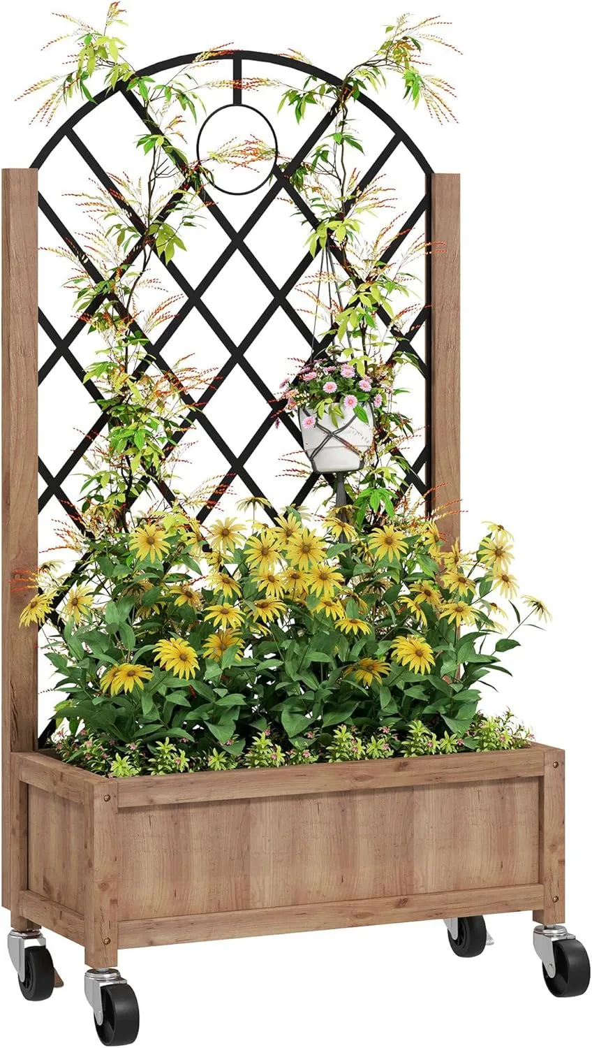 Outsunny Hochbeet mit Metall Rankgitter, Holz Erhöhter Pflanzkasten mit Rollen und Drainagelöchern, Outdoor Hochbeet für Kletterpflanzen, Obst, Gemüse, Blumen, Braun - Bild 1
