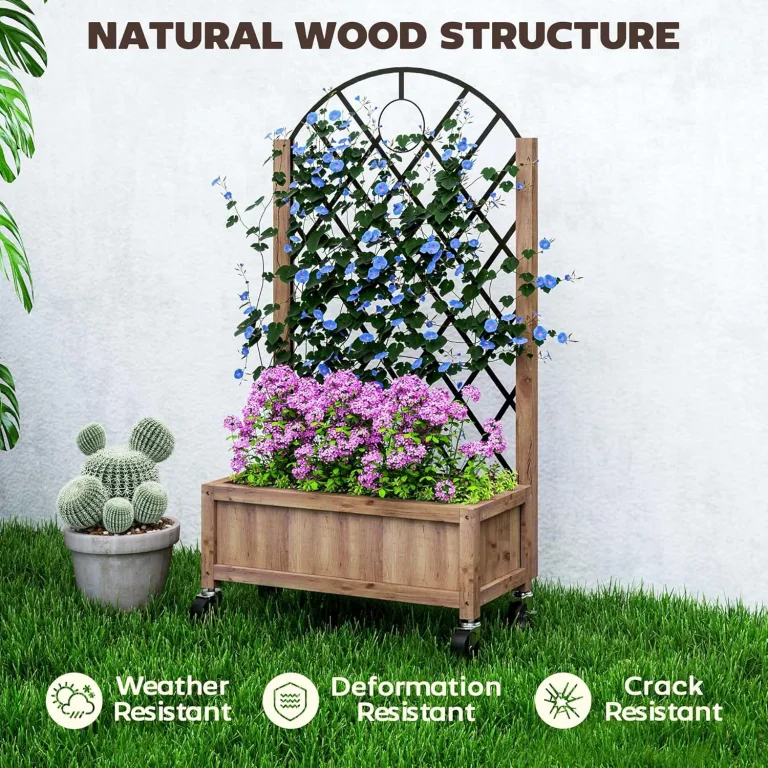 Outsunny Hochbeet mit Metall Rankgitter, Holz Erhöhter Pflanzkasten mit Rollen und Drainagelöchern, Outdoor Hochbeet für Kletterpflanzen, Obst, Gemüse, Blumen, Braun – Bild 6