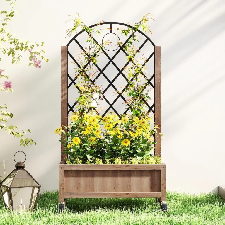 Outsunny Hochbeet mit Metall Rankgitter, Holz Erhöhter Pflanzkasten mit Rollen und Drainagelöchern, Outdoor Hochbeet für Kletterpflanzen, Obst, Gemüse, Blumen, Braun – Bild 8