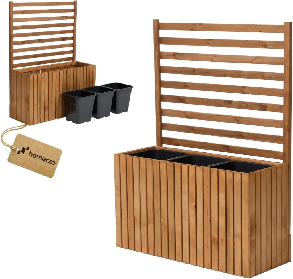 Pflanzkübel mit Rankgitter Spalier mit Pflanzkasten Blumenkasten aus Holz für Garten Balkon Terrasse Hochbeet mit 18L Kunststoff-Pflanzeneinsatz (vertikal-braun, 98x36x55 H130)