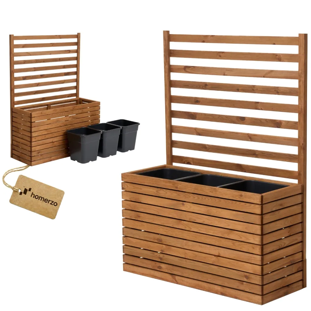 Pflanzkübel mit Rankgitter Spalier mit Pflanzkasten Blumenkasten aus Holz für Garten Balkon Terrasse Hochbeet mit 18L Kunststoff-Pflanzeneinsatz (horizontal-braun, 98x36x55 H130)