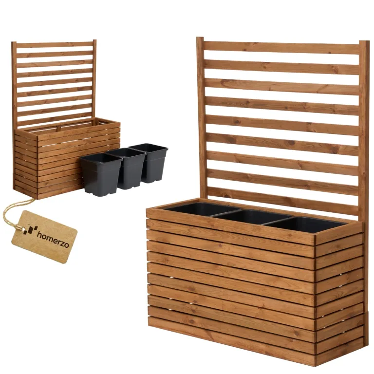 Pflanzkübel mit Rankgitter Spalier mit Pflanzkasten Blumenkasten aus Holz für Garten Balkon Terrasse Hochbeet mit 18L Kunststoff-Pflanzeneinsatz (horizontal-braun, 98x36x55 H130) – Bild 1