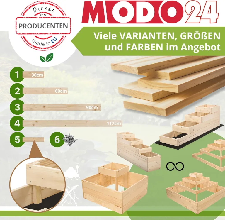 Hochbeet, Kräuterbeet, Gartenbeet, Pflanzbeet, Blumenbeet, Stufenbeet, Holz Stufen Treppe, für Garten und Terrasse, Kiefernholz, Massivholz, Abmessungen 36x119x119 cm, Farbe: Natur – Bild 4