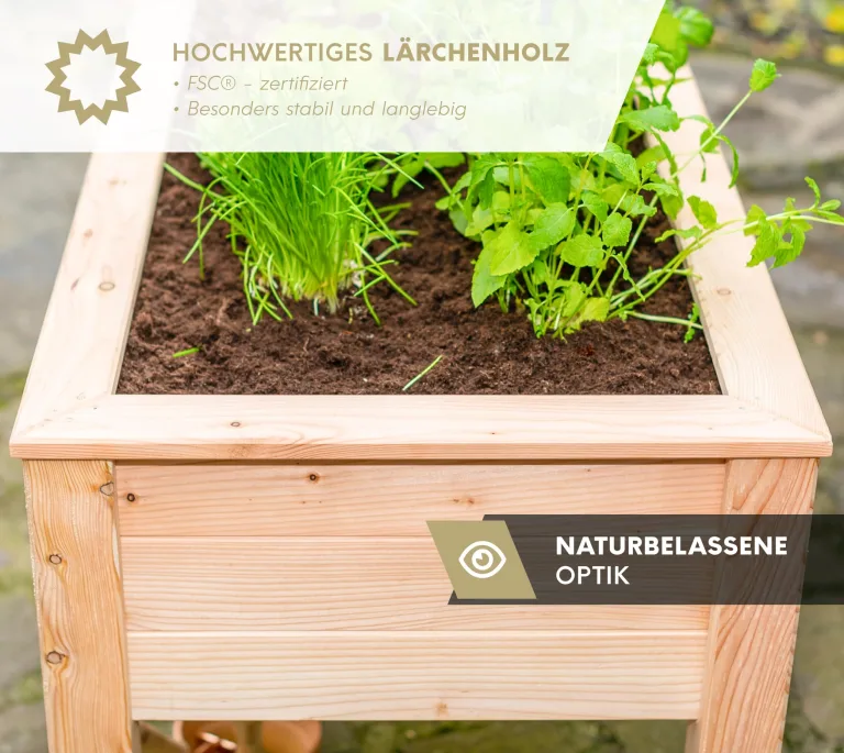 WESTMANN Hochbeet Emily aus Lärchenholz inkl. Aussaatkalender| 120x65x75 cm Natur | Kräuterbeet für den Außenbereich | Stelzenhochbeet zum Bepflanzen von Gemüse & Kräutern – Bild 3