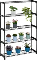 Relaxdays Blumenregal, 5 Ablagen, Blumen- & Pflanzentöpfe, Metall & Kunststoff, HBT: 140x91x28 cm, Kräuterregal, schwarz - Thumbnail 1