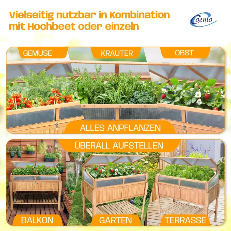 Coemo Frühbeetaufsatz Holz 90 × 60 × 30 cm – Gewächshaus-Abdeckung für Hochbeet – Wetterfester Frühbeetkasten mit Deckel – Schutz für Jungpflanzen & Gemüse – Hochbeet-Bausatz Outdoor – Bild 7