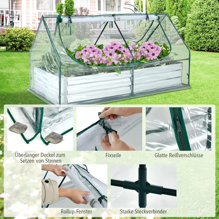 COSTWAY 3 in 1 Gewächshaus mit Hochbeet, Metall Pflanzkasten, PVC-Folie, Blumenbeet mit Zwei Fenstern, Rechteckiges Frühbeet für Blumen, Kräuter im Garten, Terrasse und Balkon, 180x90x91cm, Silber – Bild 7