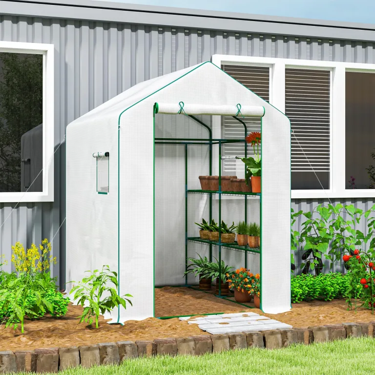 Outsunny Gartengewächshaus PE mit Regalen 3 Ebenen, Balkongewächshaus, verstärkte Plane 135 g/m², Stahlrahmen, aufrollbare Reißverschlusstür, für Gemüse Pflanzen Blumen, 140x143x190cm, weiß – Bild 2