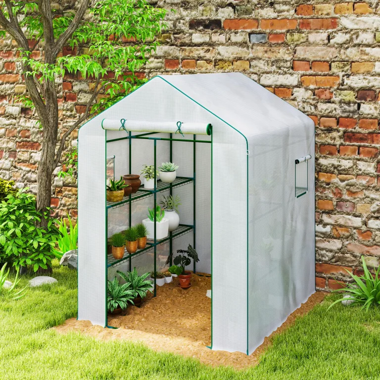 Outsunny Gartengewächshaus PE mit Regalen 3 Ebenen, Balkongewächshaus, verstärkte Plane 135 g/m², Stahlrahmen, aufrollbare Reißverschlusstür, für Gemüse Pflanzen Blumen, 140x143x190cm, weiß – Bild 8