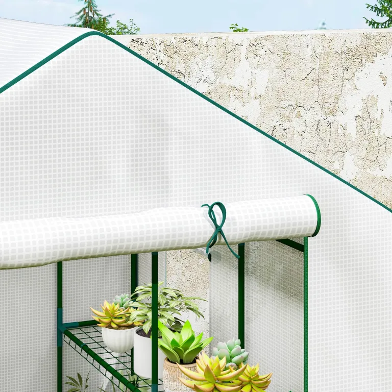 Outsunny Gartengewächshaus PE mit Regalen 3 Ebenen, Balkongewächshaus, verstärkte Plane 135 g/m², Stahlrahmen, aufrollbare Reißverschlusstür, für Gemüse Pflanzen Blumen, 140x143x190cm, weiß – Bild 9